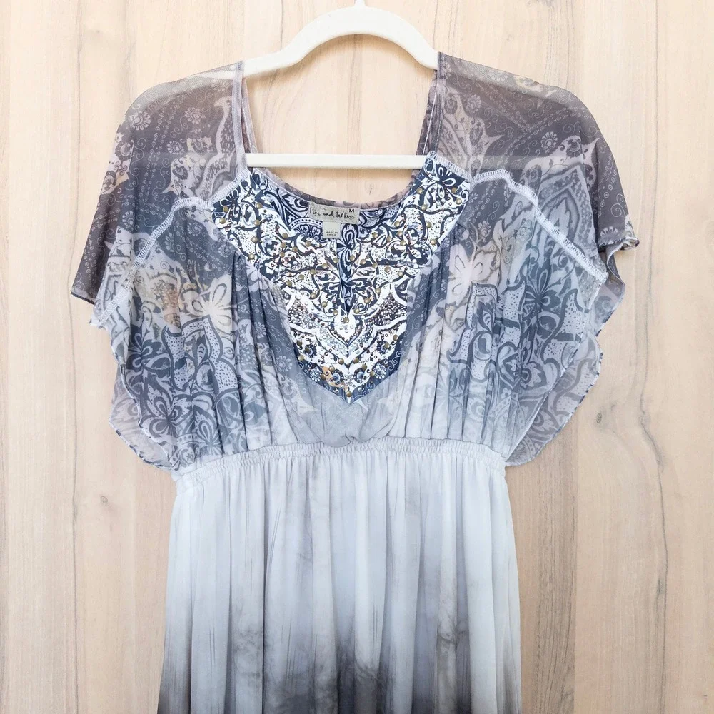 Y2K Live‎ and Let Live Womens Dress Size M Gray Ombre Beaded Boho Fairy Grunge